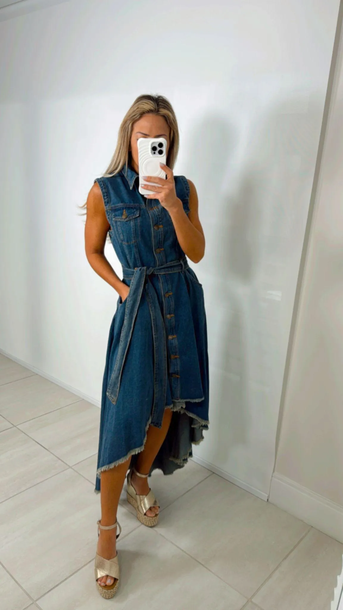 1102 Hi-Low denim midi dress with shirt collar