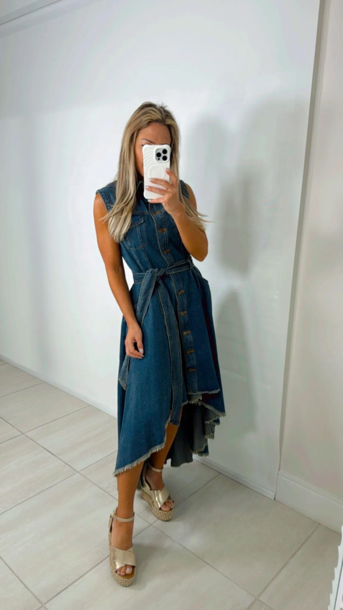 1102 Hi-Low denim midi dress with shirt collar