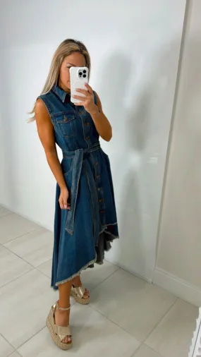 1102 Hi-Low denim midi dress with shirt collar