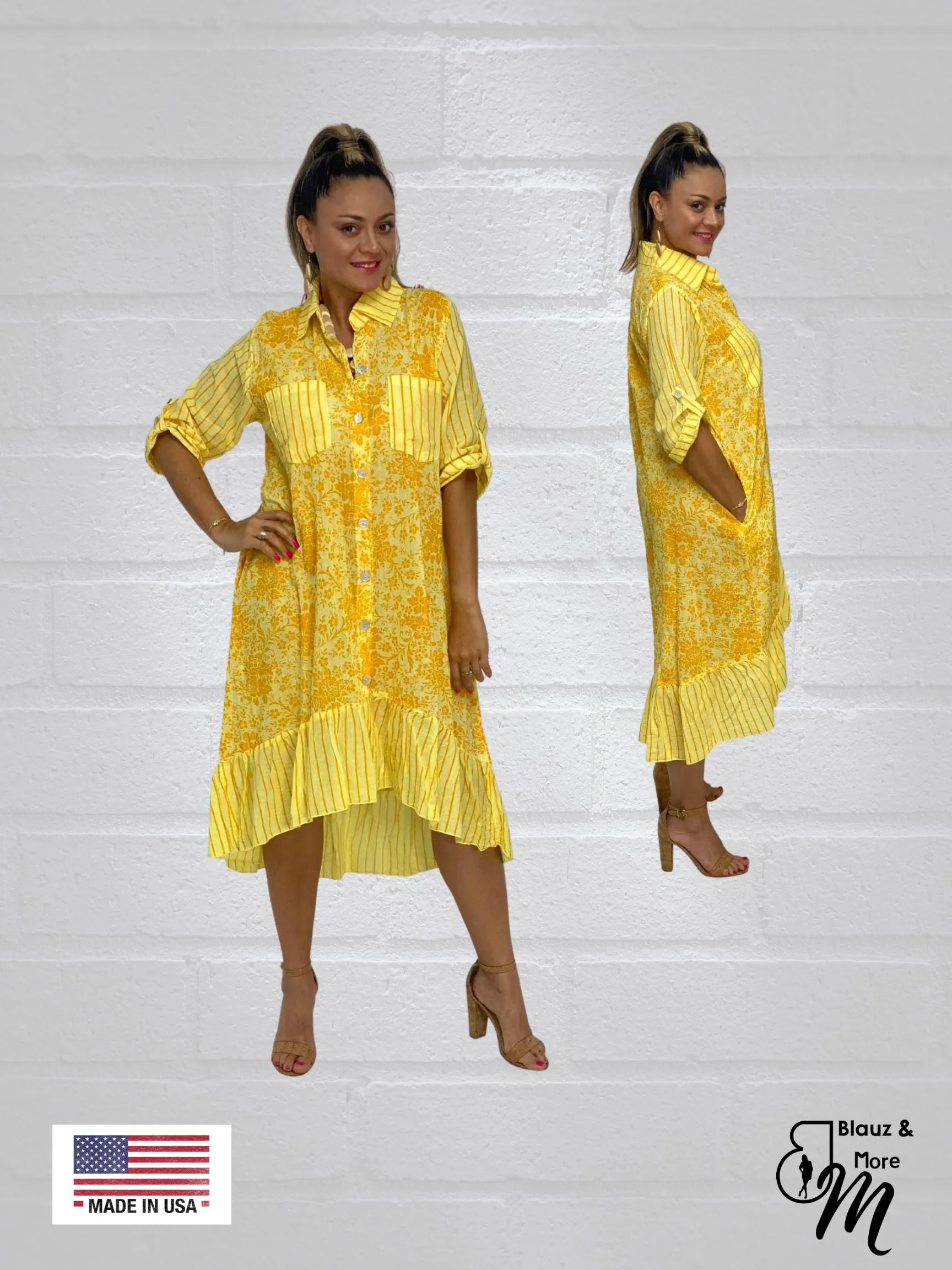 3/4 Sleeves Long Shirt Dress with collar & Pockets - D6264