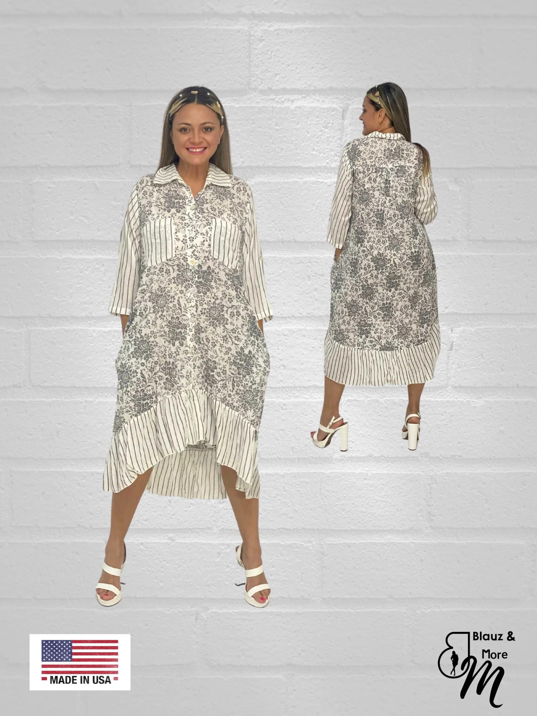 3/4 Sleeves Long Shirt Dress with collar & Pockets - D6264