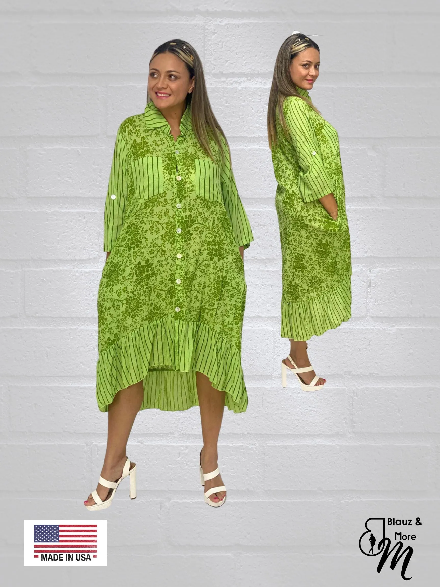 3/4 Sleeves Long Shirt Dress with collar & Pockets - D6264