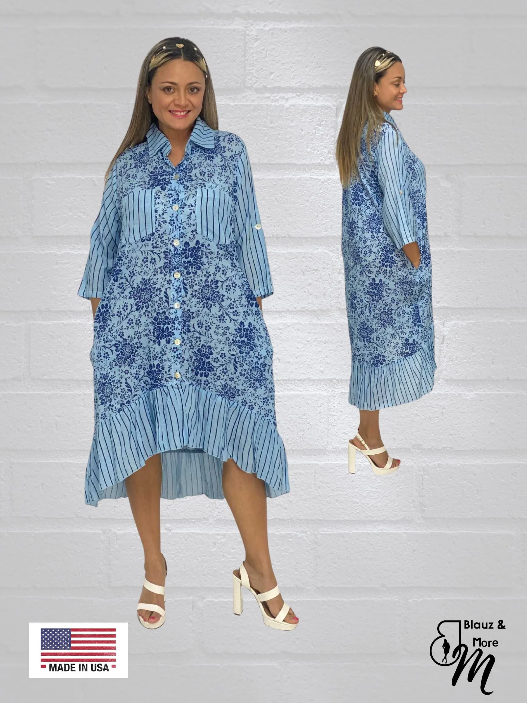 3/4 Sleeves Long Shirt Dress with collar & Pockets - D6264