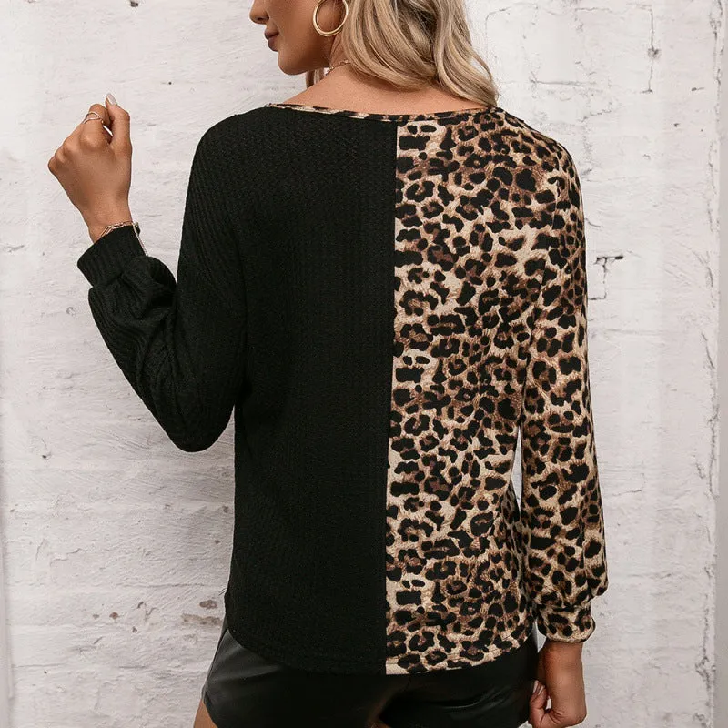 Animal Print Colour Block Lace V-neck Top