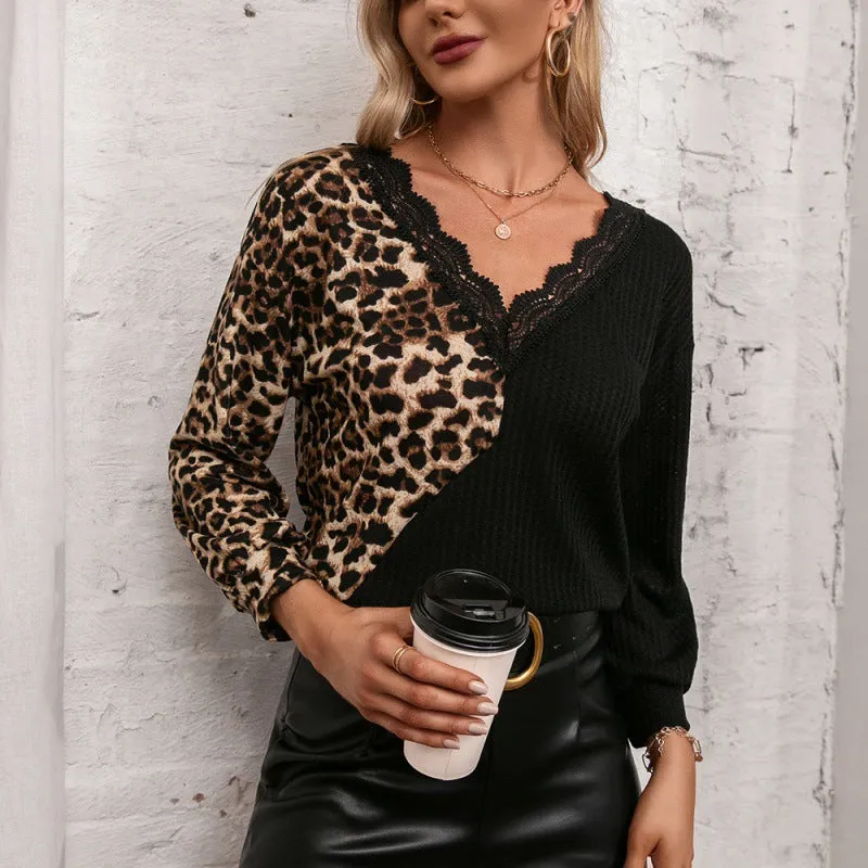 Animal Print Colour Block Lace V-neck Top
