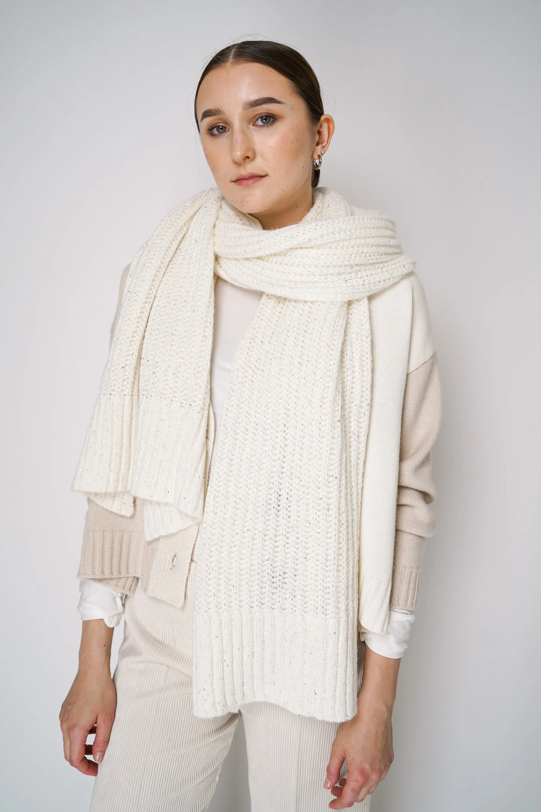 Antonelli Apollo Knit Wool Sequined Scarf in Off-White