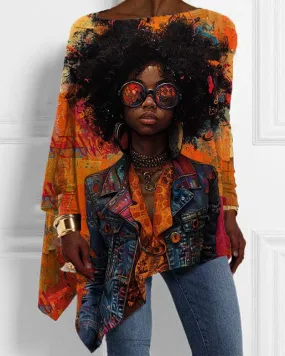 Black Girl Graffiti Oil Painting Print Irregular Ladies Top