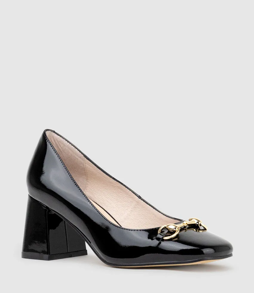 BLYTHE65 Square Toe Pump with Hardware in Black Patent