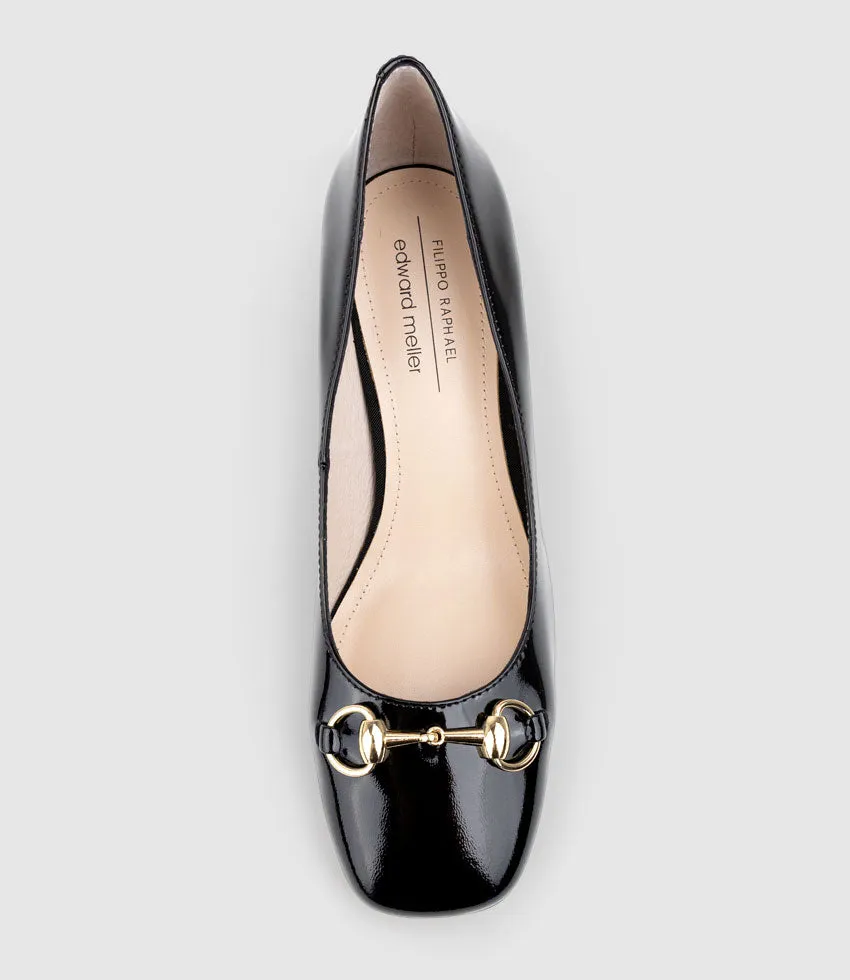 BLYTHE65 Square Toe Pump with Hardware in Black Patent