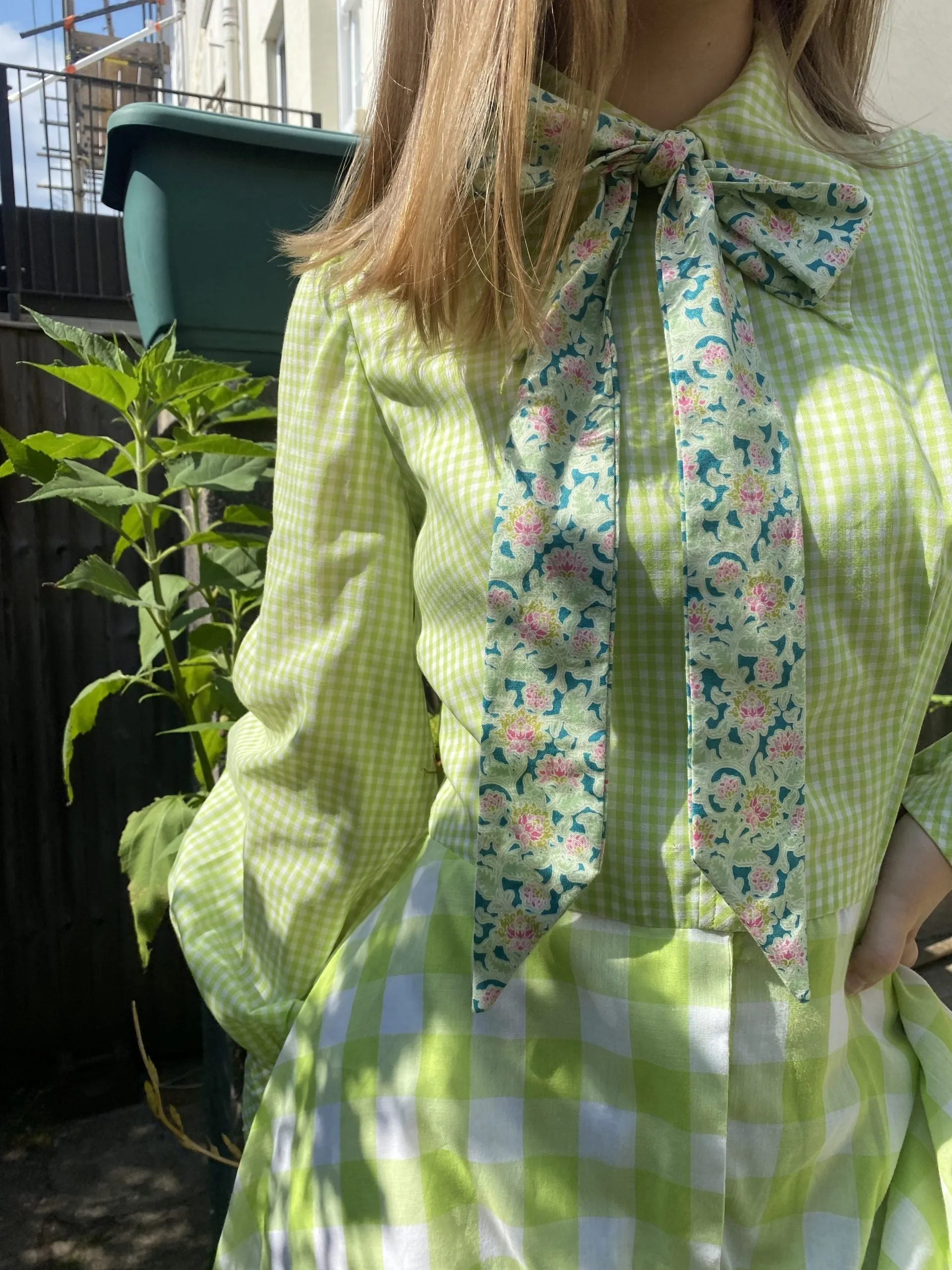 Bold 1970s Acid Green Gingham Maxi Shirt Dress