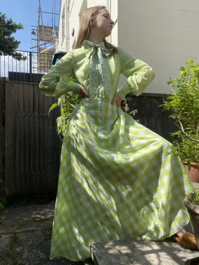 Bold 1970s Acid Green Gingham Maxi Shirt Dress