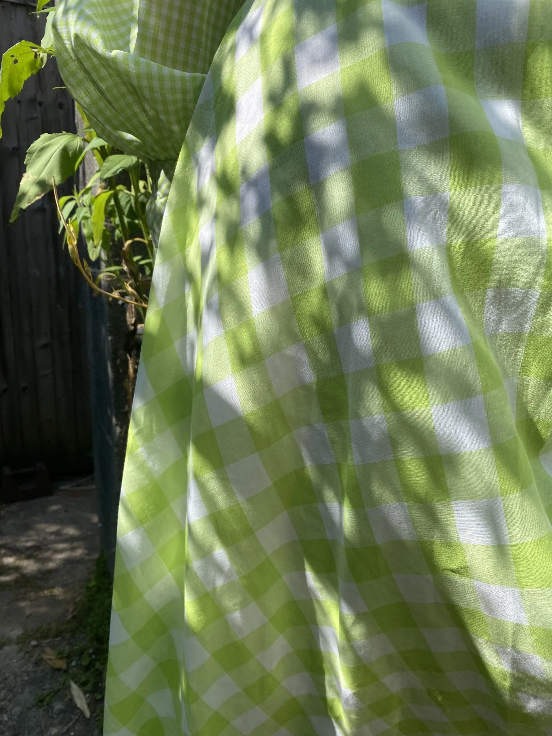 Bold 1970s Acid Green Gingham Maxi Shirt Dress