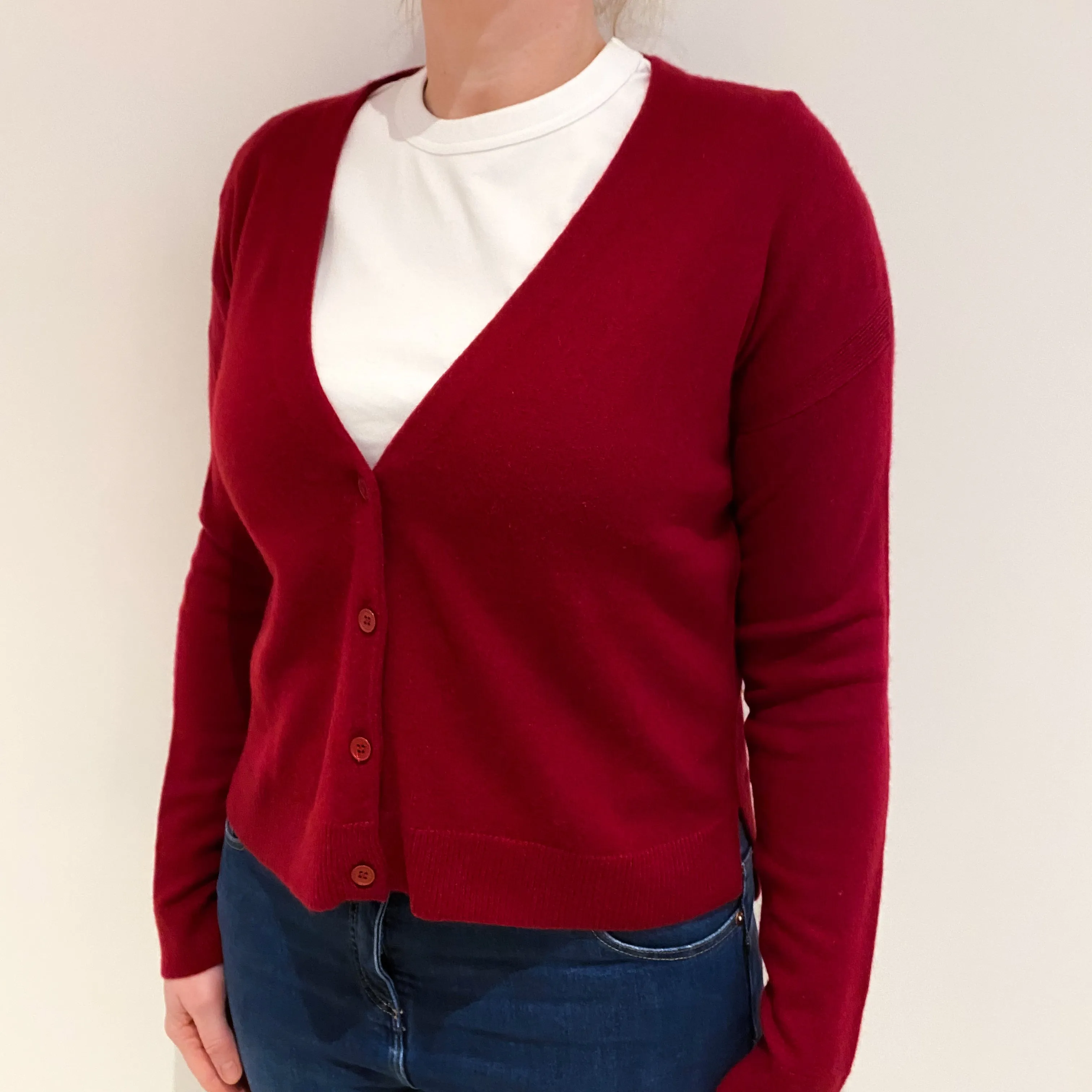 Burgundy Red Cashmere V Neck Cardigan Large
