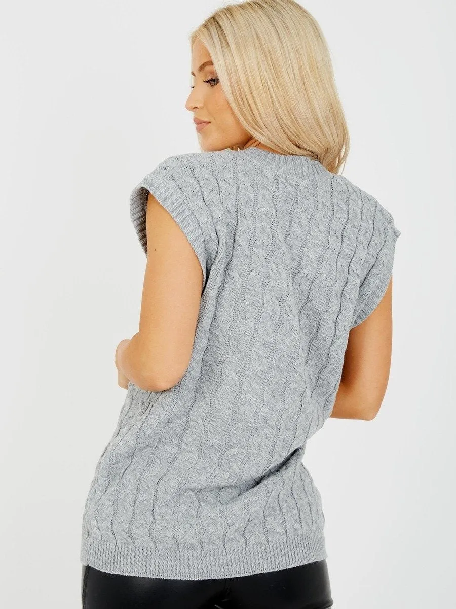 Cable Knit V-Neck Sleeveless Jumper in Grey