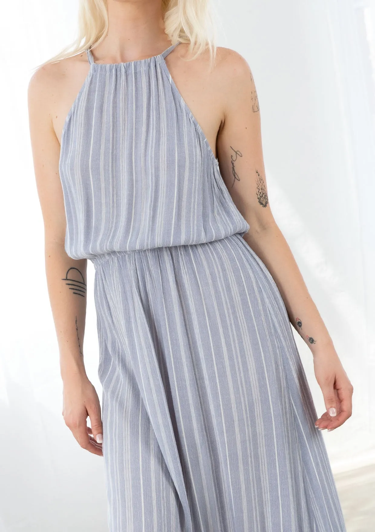 Chambray Striped Halter Neck Tiered Maxi Dress