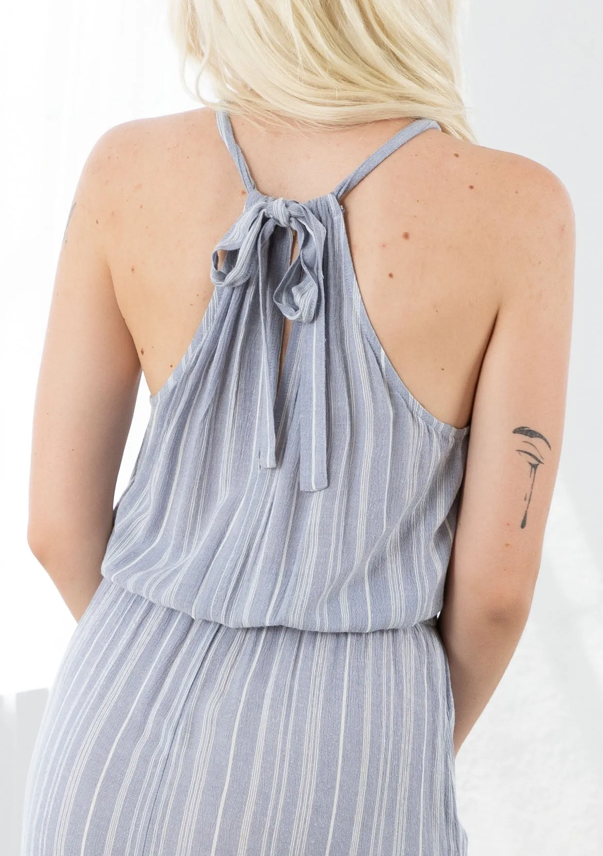 Chambray Striped Halter Neck Tiered Maxi Dress