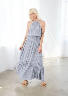 Chambray Striped Halter Neck Tiered Maxi Dress