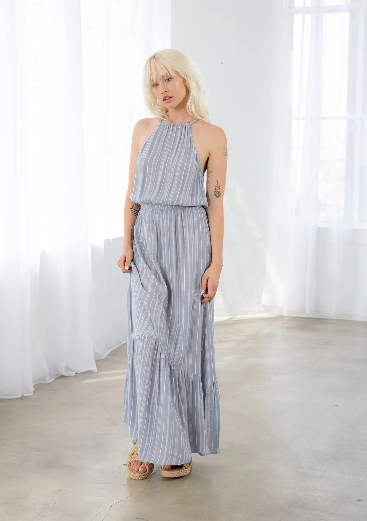 Chambray Striped Halter Neck Tiered Maxi Dress