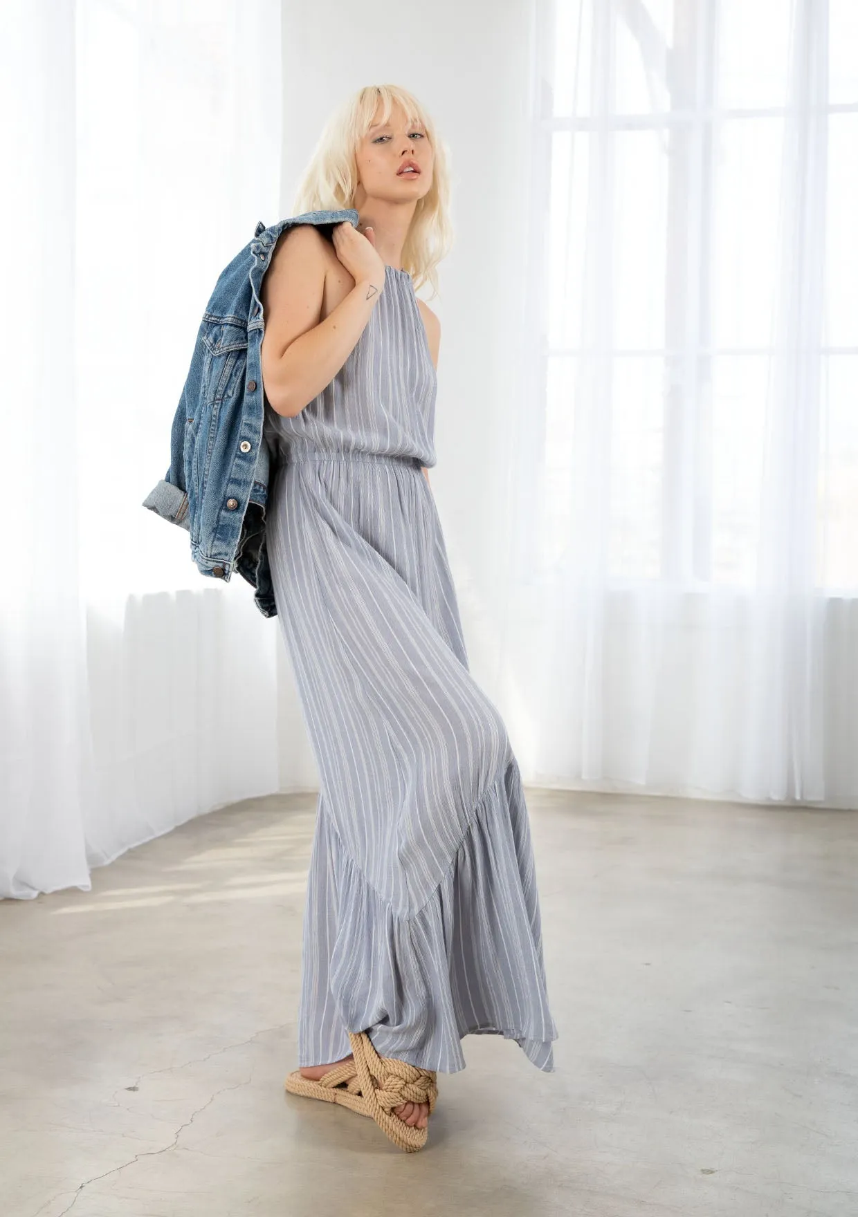 Chambray Striped Halter Neck Tiered Maxi Dress