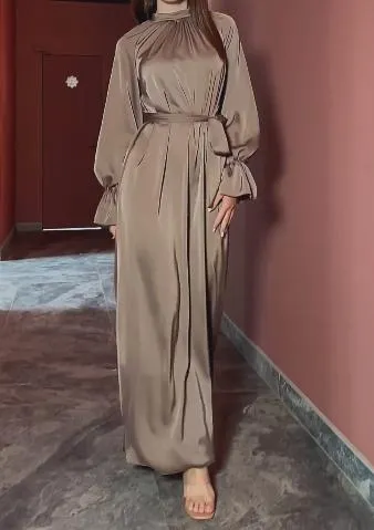 Coffee Silk Long-Sleeve Maxi Dress