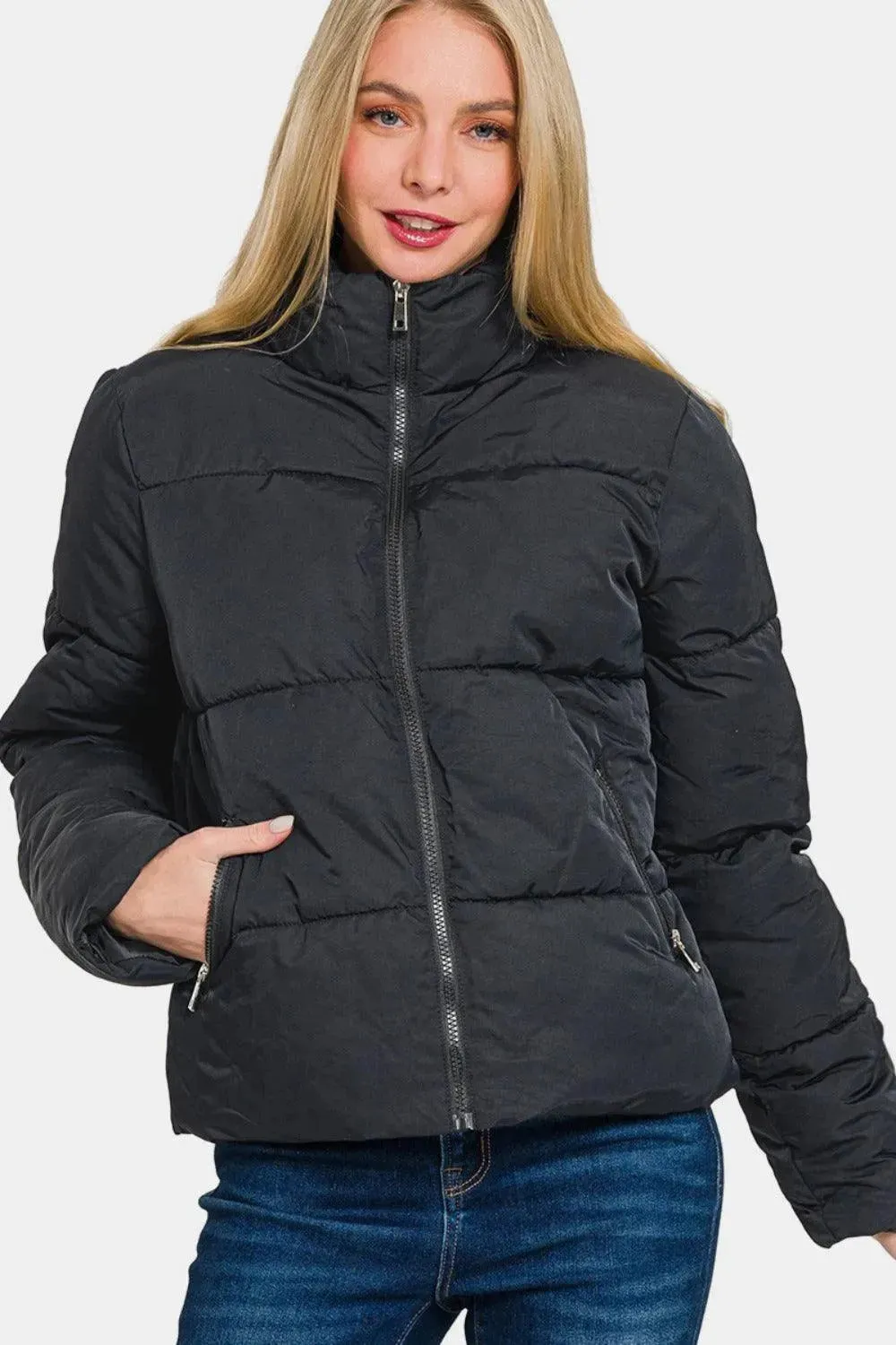 Cozy Chic Zip-Up Turtleneck Puffer Jacket with Functional Pockets
