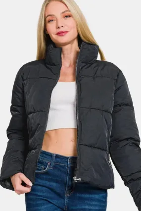 Cozy Chic Zip-Up Turtleneck Puffer Jacket with Functional Pockets
