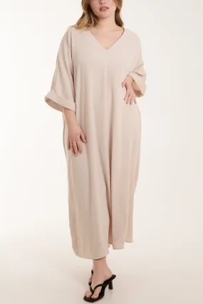 Deep V Roll Sleeve Tunic Maxi Dress
