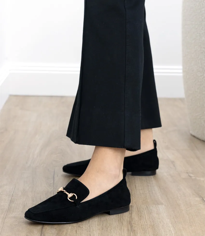 FINER Elastic Back Slipper With Hardware in Black Suede
