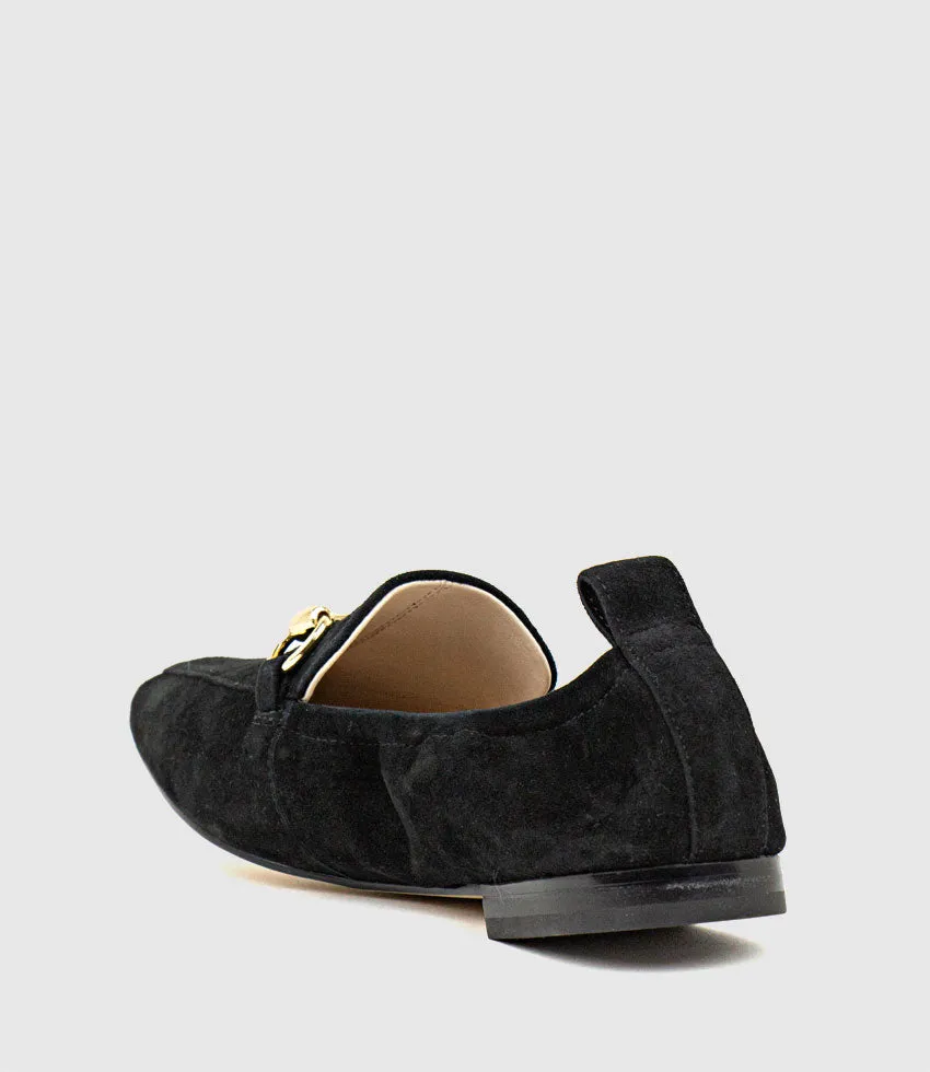FINER Elastic Back Slipper With Hardware in Black Suede