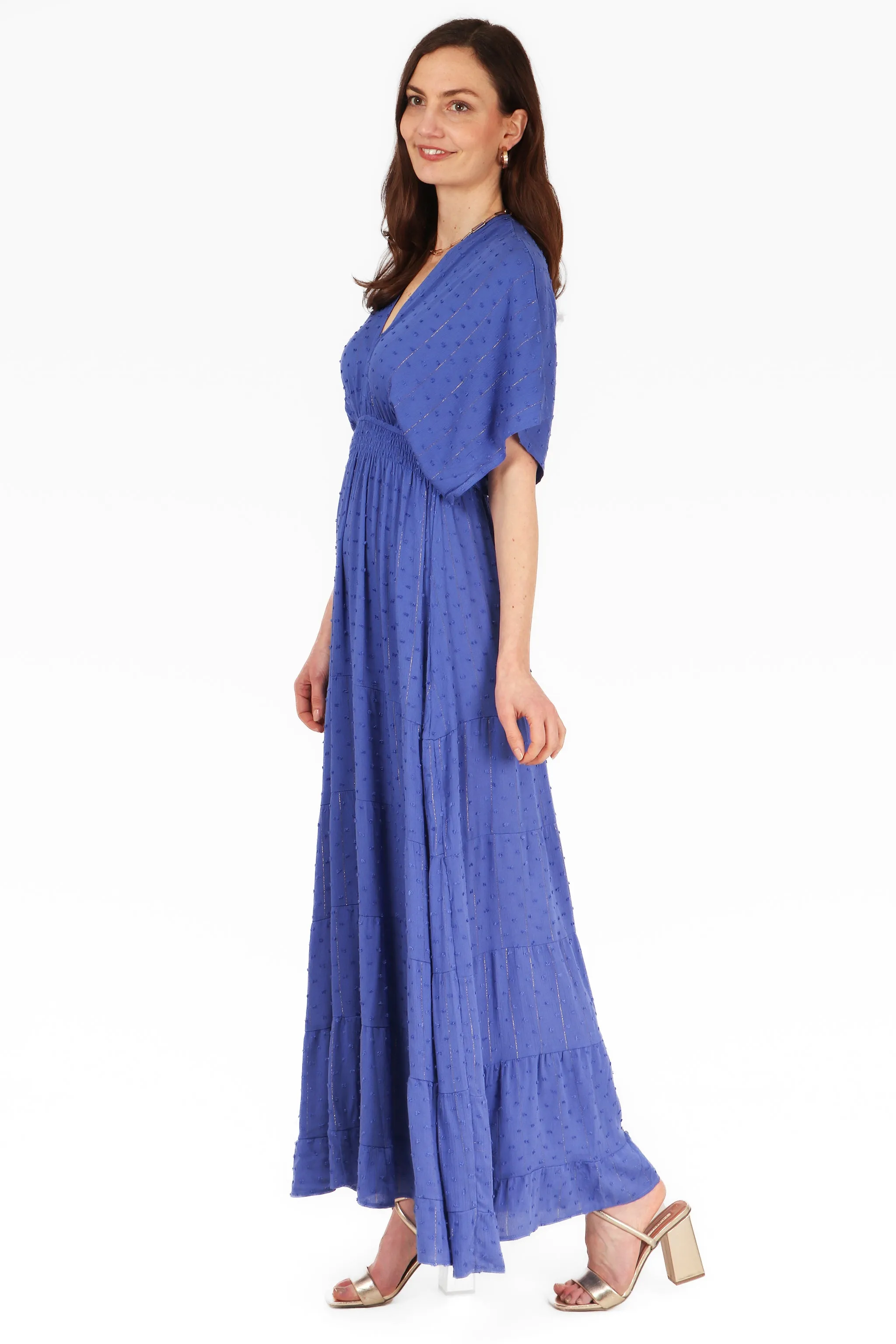 Gold Metallic Stripe Dobby Maxi Kaftan Dress in Royal Blue