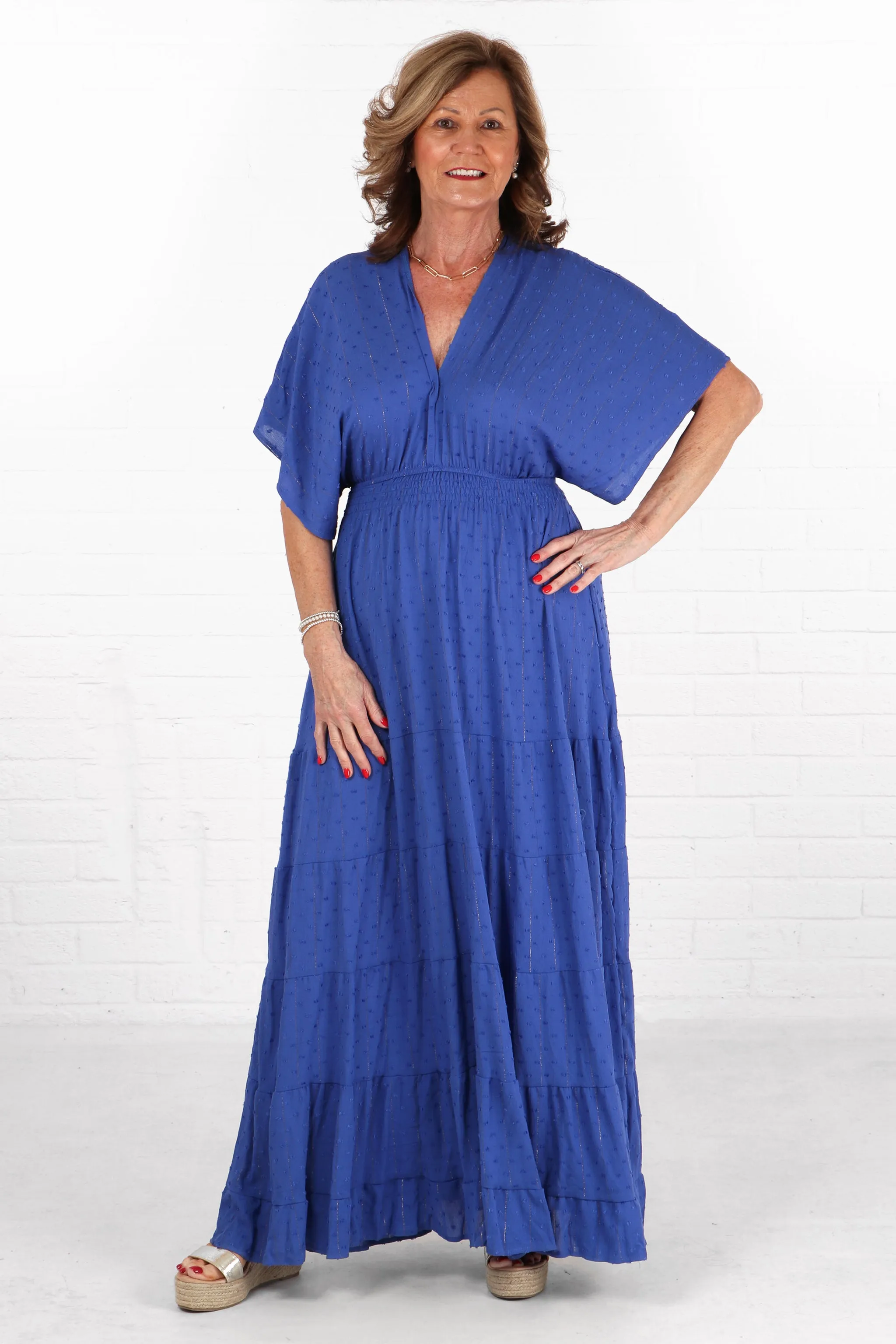 Gold Metallic Stripe Dobby Maxi Kaftan Dress in Royal Blue