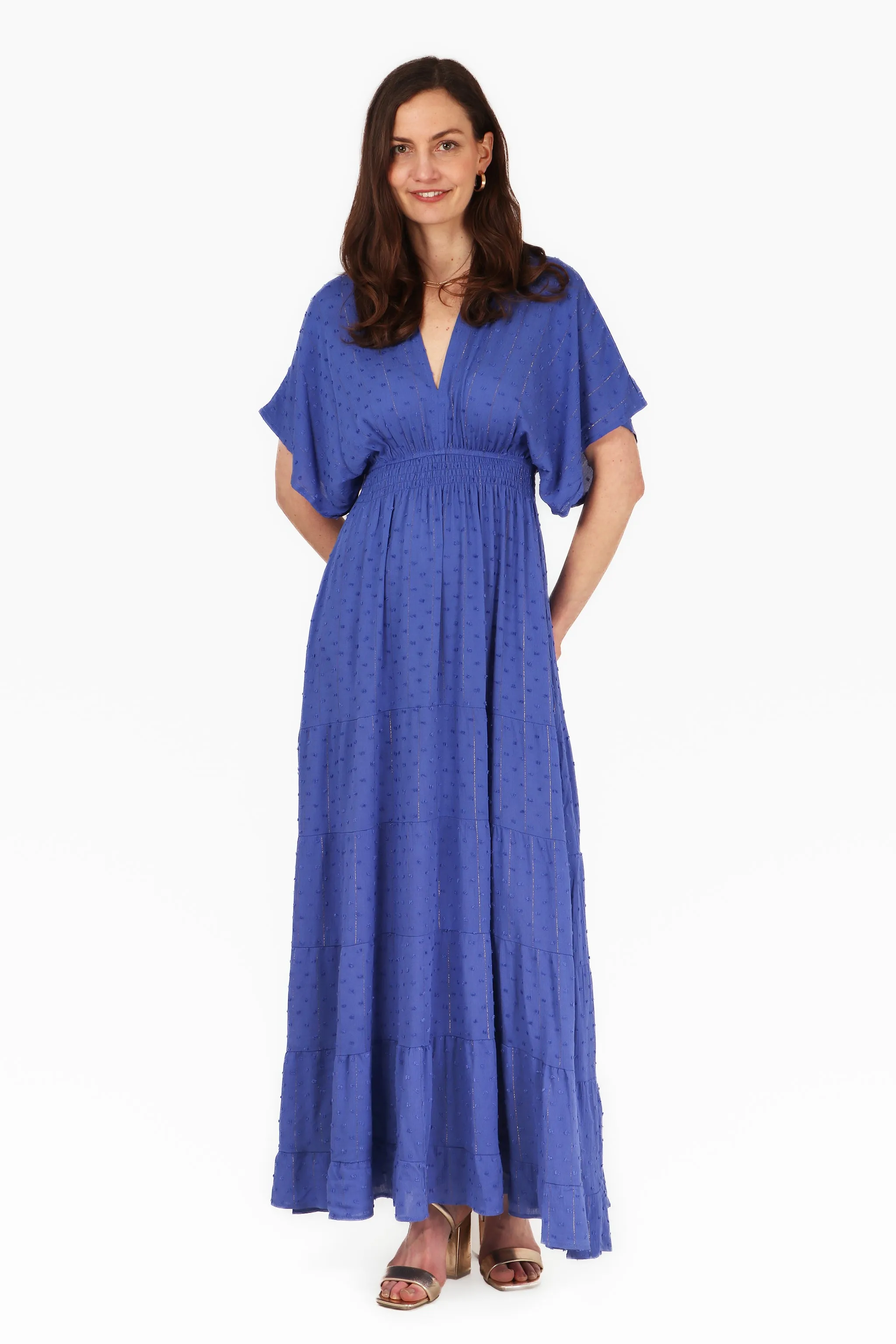 Gold Metallic Stripe Dobby Maxi Kaftan Dress in Royal Blue