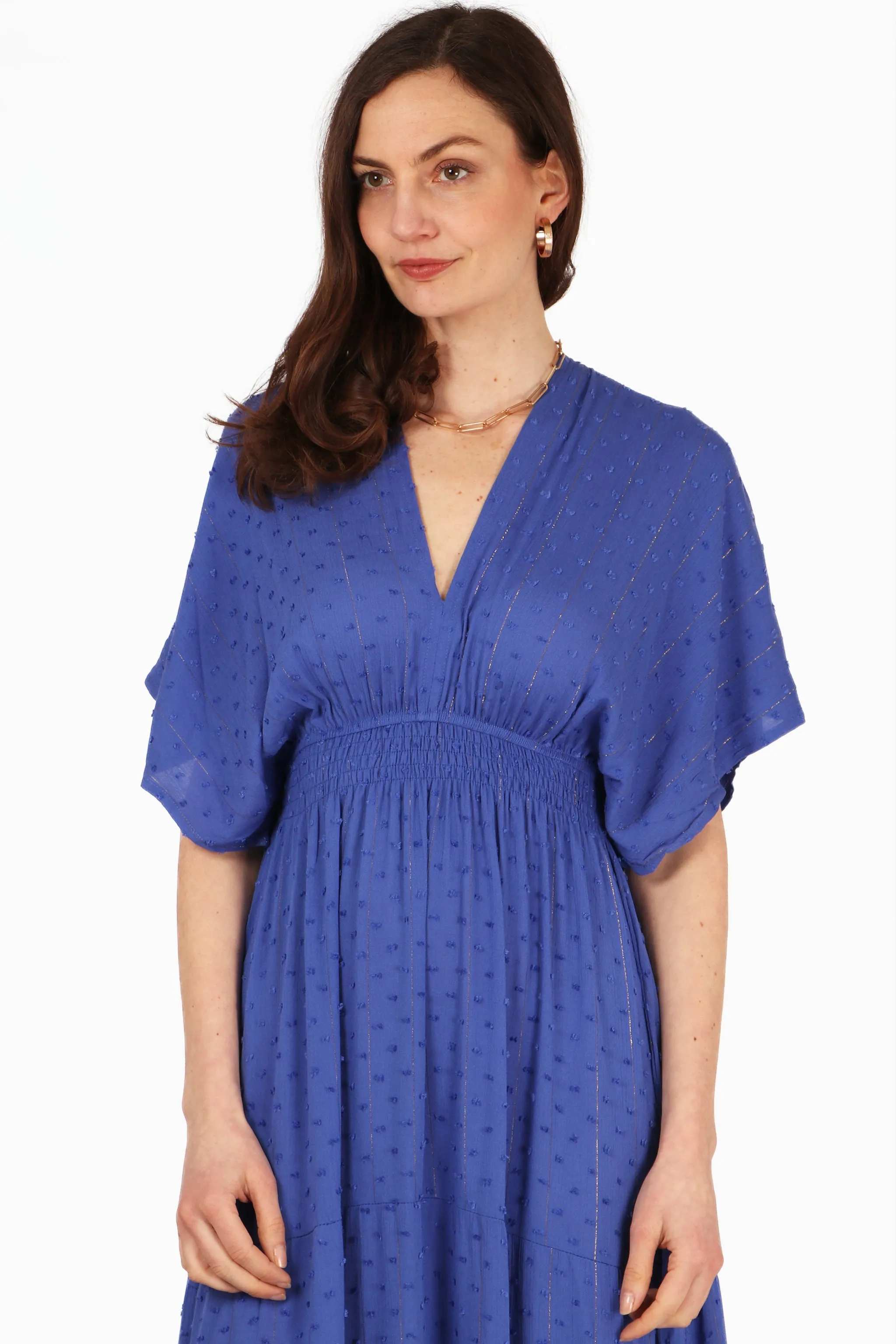 Gold Metallic Stripe Dobby Maxi Kaftan Dress in Royal Blue