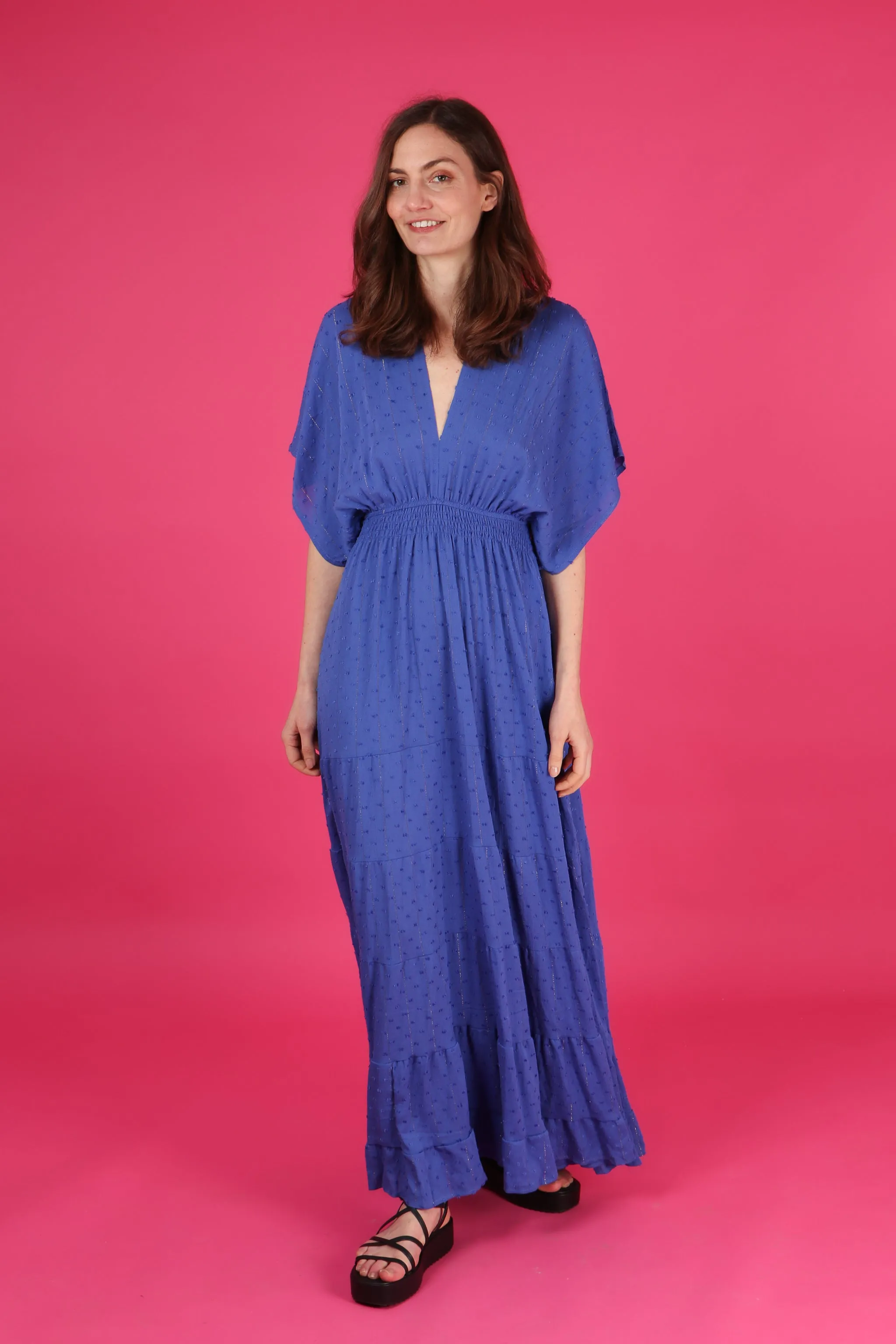 Gold Metallic Stripe Dobby Maxi Kaftan Dress in Royal Blue