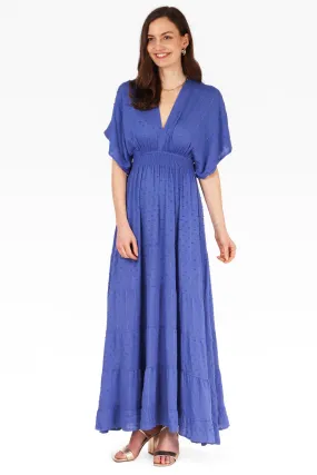 Gold Metallic Stripe Dobby Maxi Kaftan Dress in Royal Blue