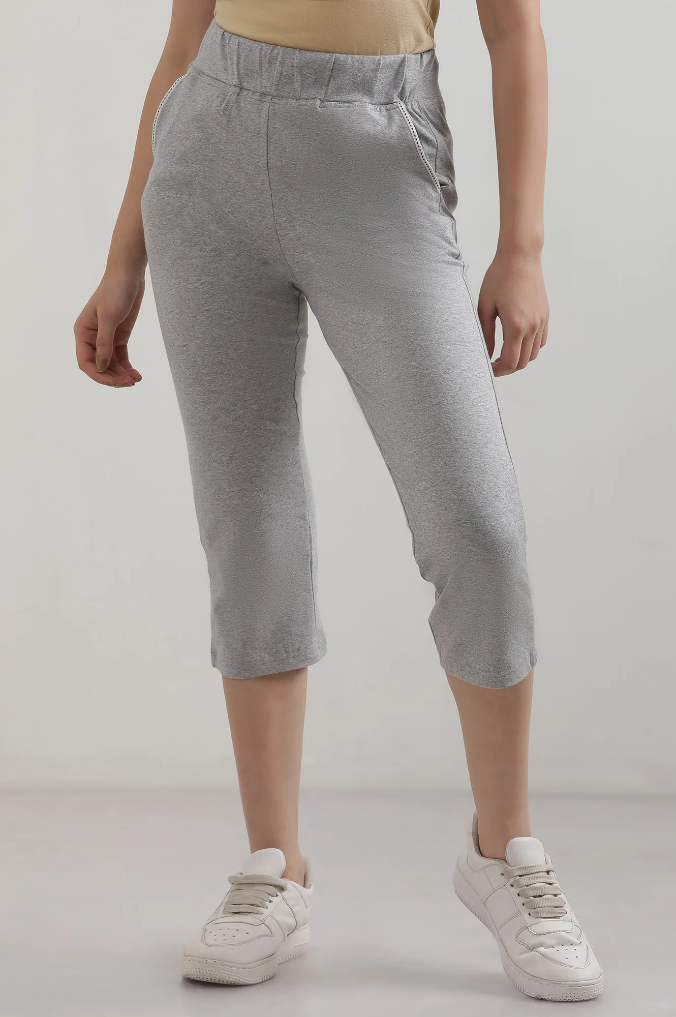 Grey Solid Cotton Blend Straight Culottes