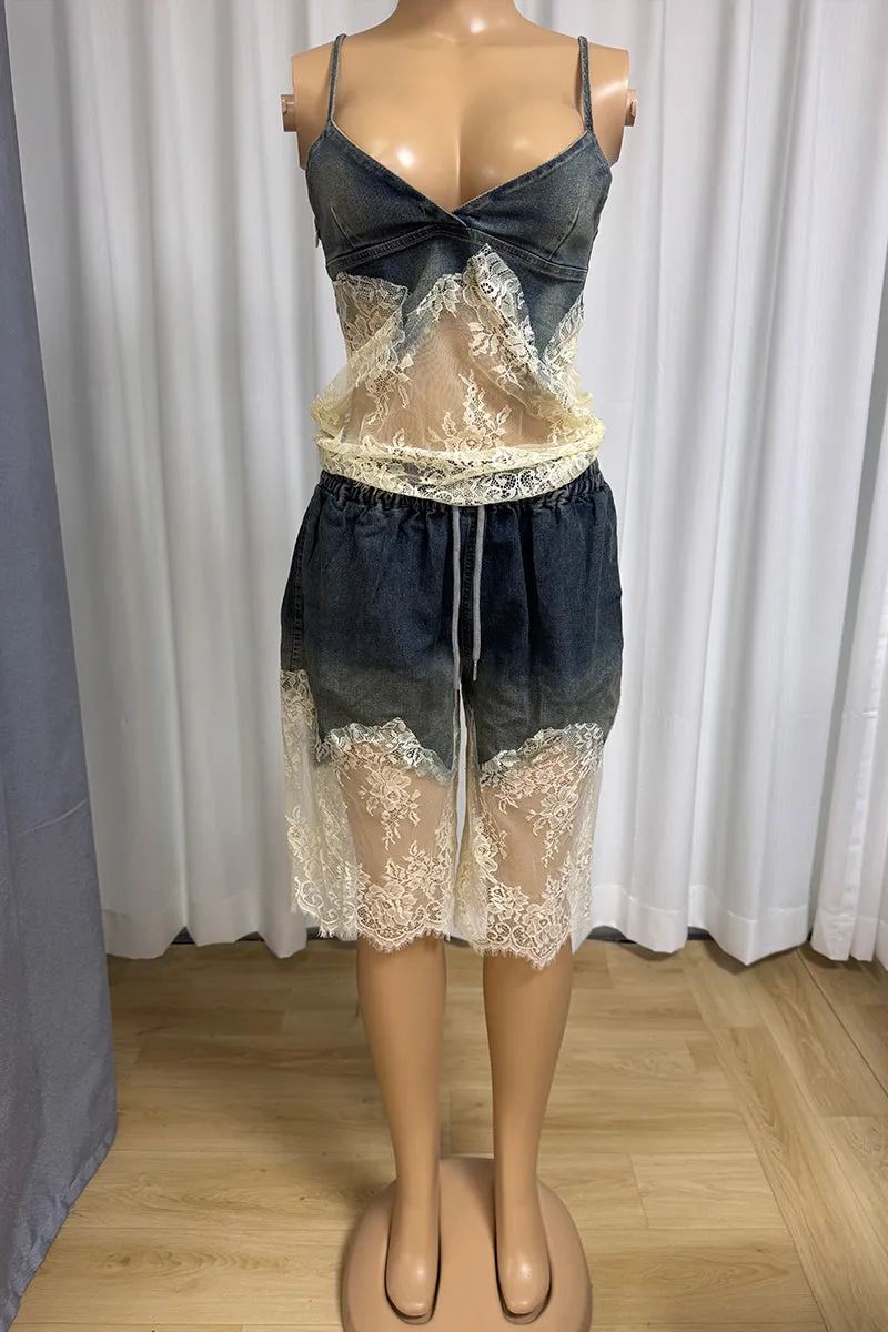 HUS1411 Lace Meets Denim Midi Set