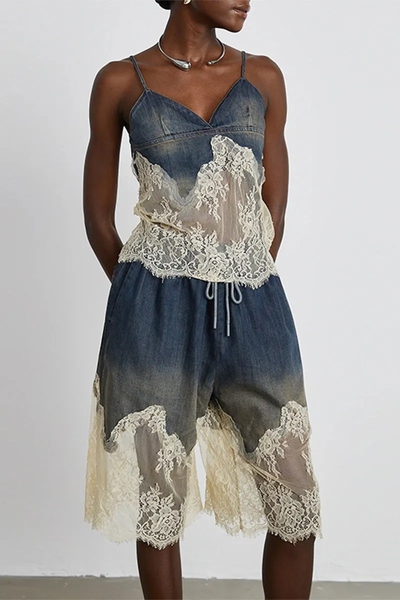 HUS1411 Lace Meets Denim Midi Set