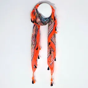Indian inspired print scarf with tassels