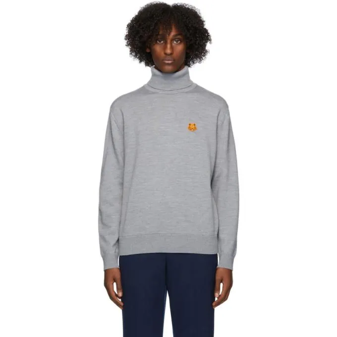 Kenzo Grey Wool Tiger Crest Turtleneck