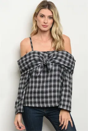 Madison Black Checkered Off Shoulder Top