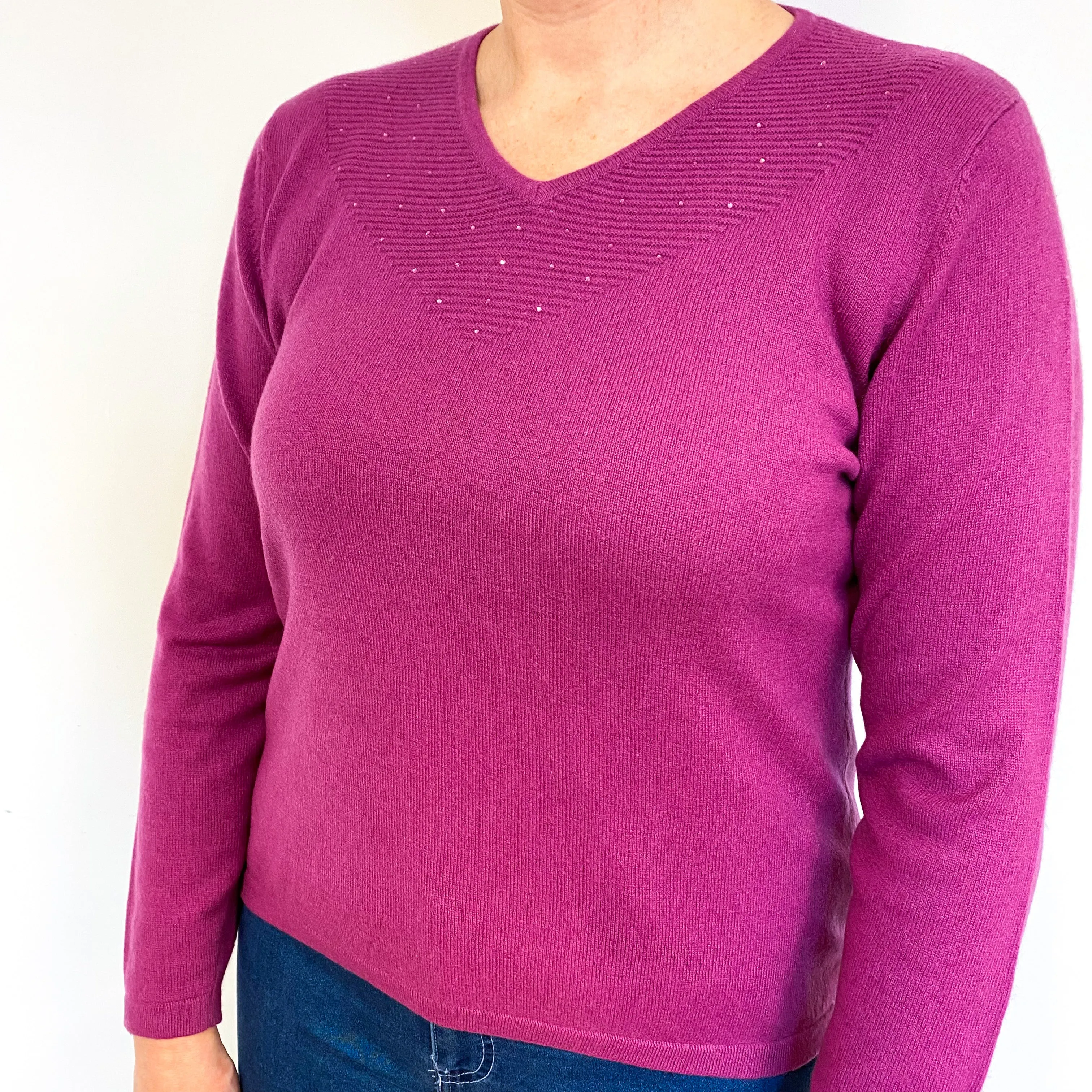 Magenta Purple Sparkle Cashmere V-Neck Jumper Large