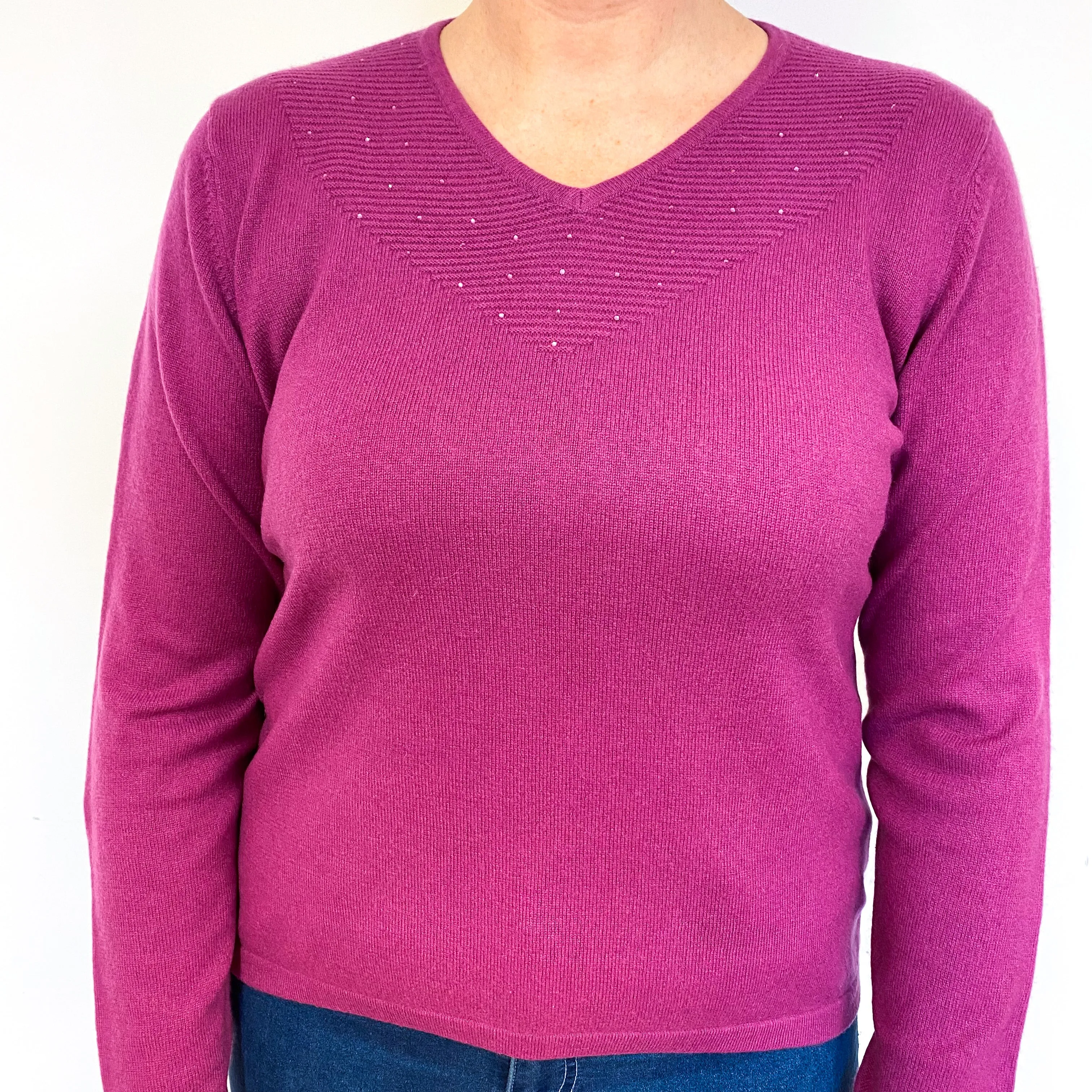 Magenta Purple Sparkle Cashmere V-Neck Jumper Large