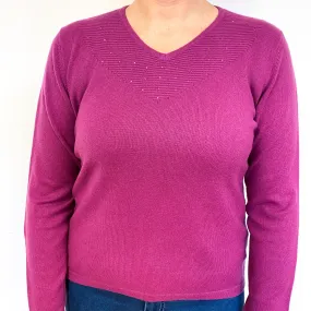 Magenta Purple Sparkle Cashmere V-Neck Jumper Large