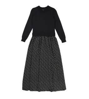 maxi dress knit top printed silk bottom - black