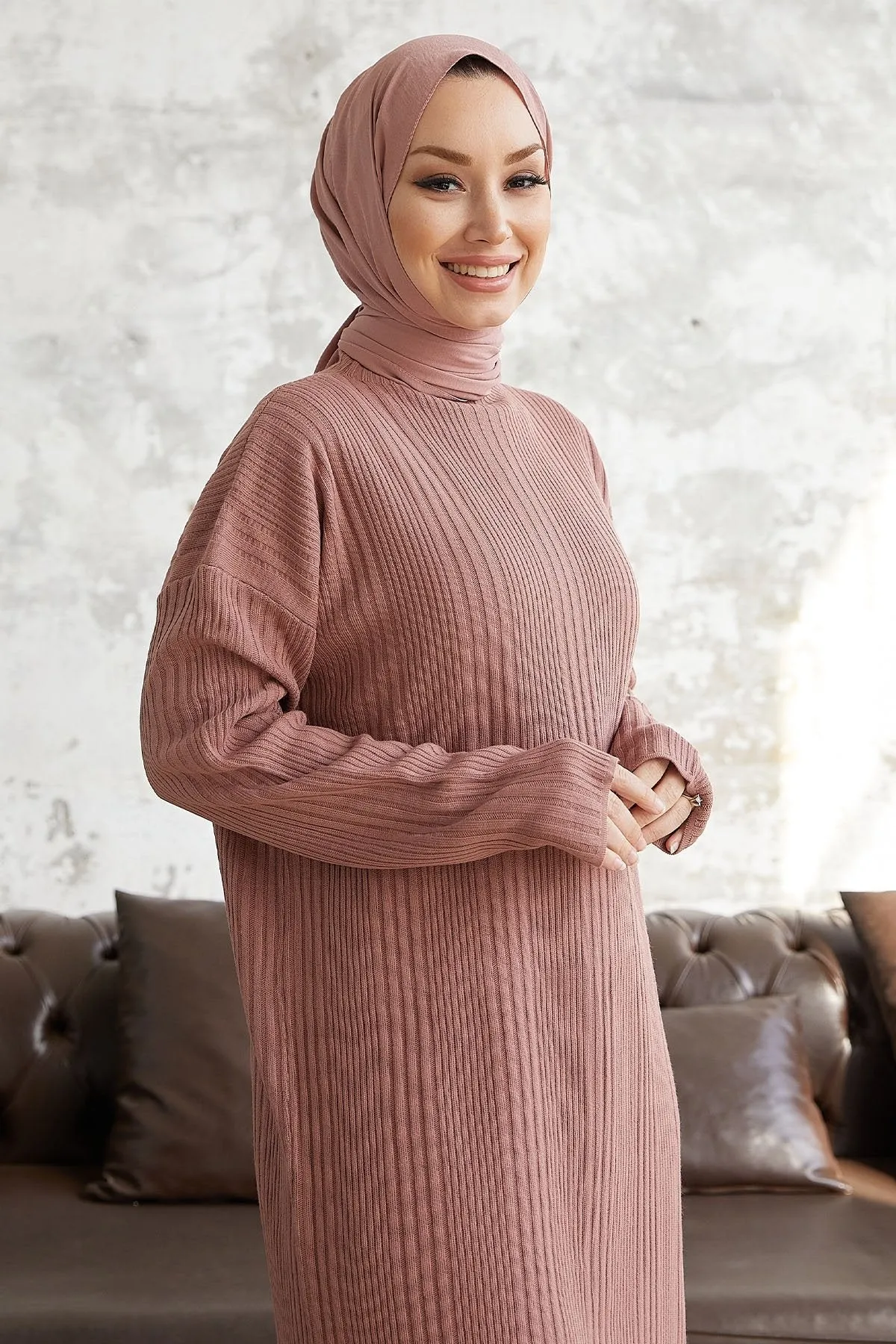 MDS Women Arissa Fisherman Collar Long Knit Dress - Rose Pink - Zimapan