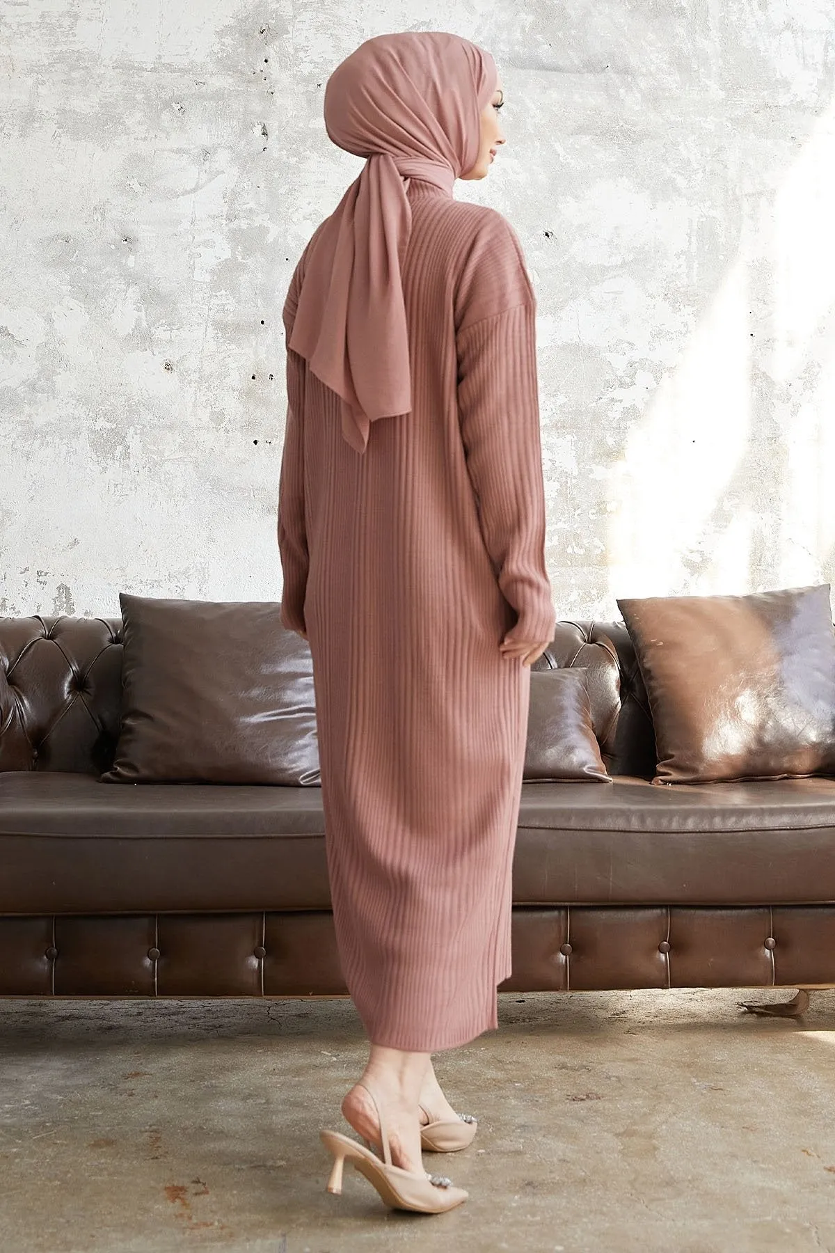 MDS Women Arissa Fisherman Collar Long Knit Dress - Rose Pink - Zimapan