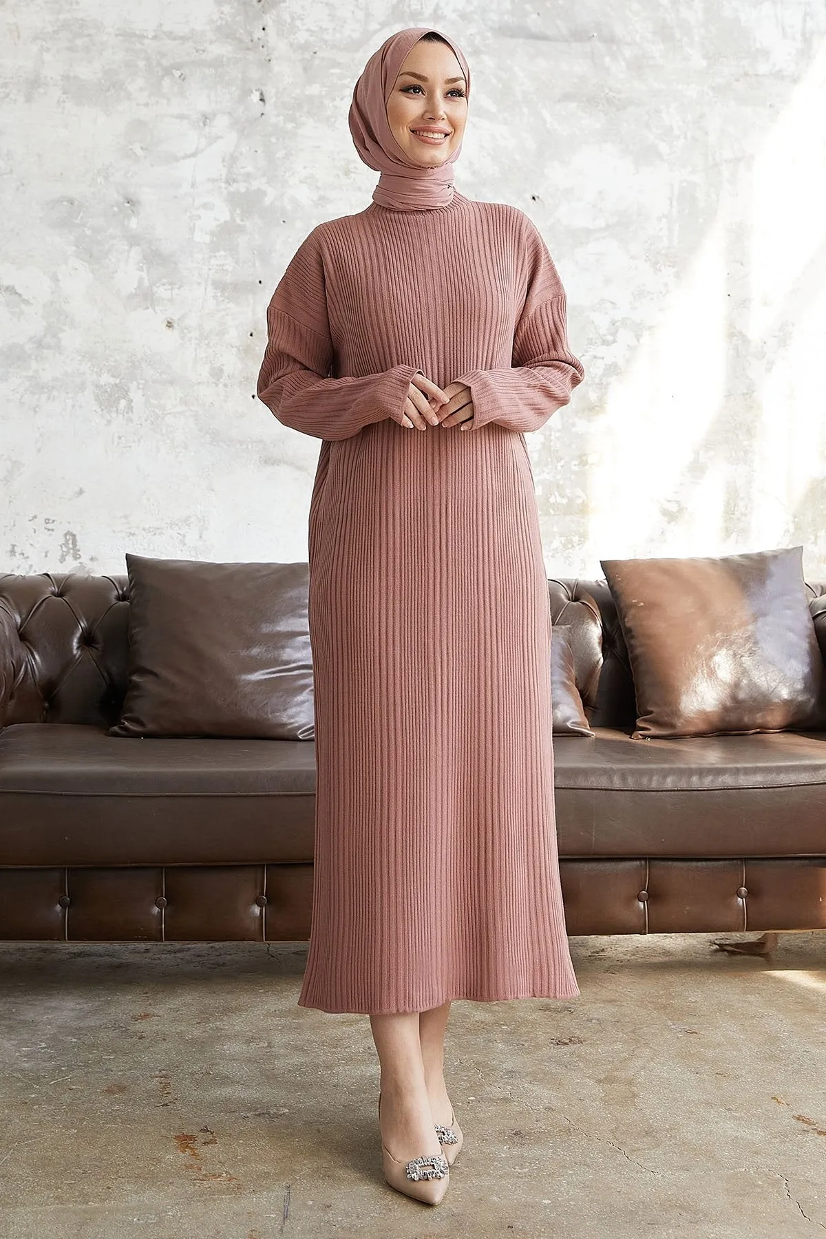MDS Women Arissa Fisherman Collar Long Knit Dress - Rose Pink - Zimapan