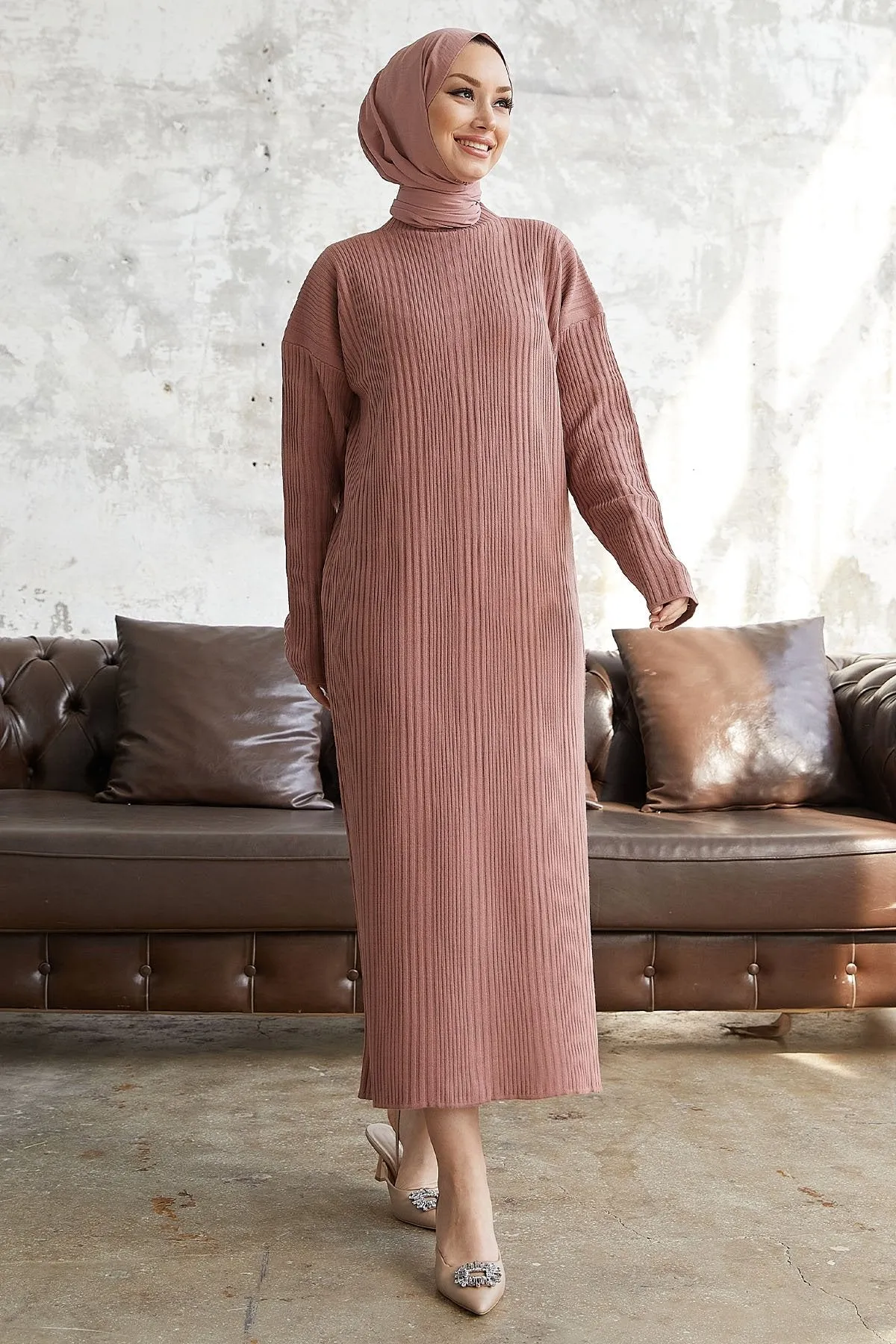 MDS Women Arissa Fisherman Collar Long Knit Dress - Rose Pink - Zimapan