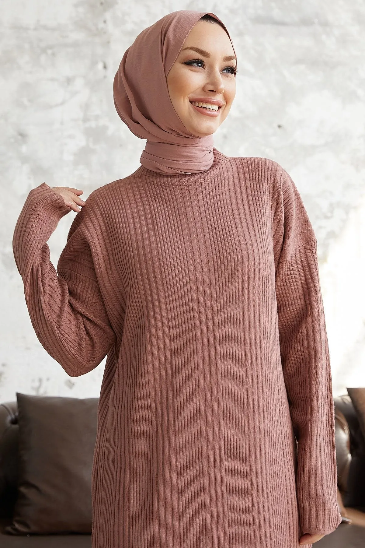 MDS Women Arissa Fisherman Collar Long Knit Dress - Rose Pink - Zimapan